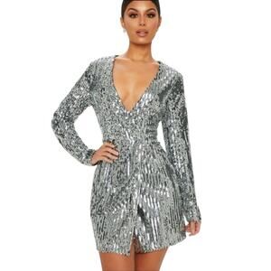 NWT Pretty Little Thing Silver Sequin Plunge Wrap Mini Dress Size 4
